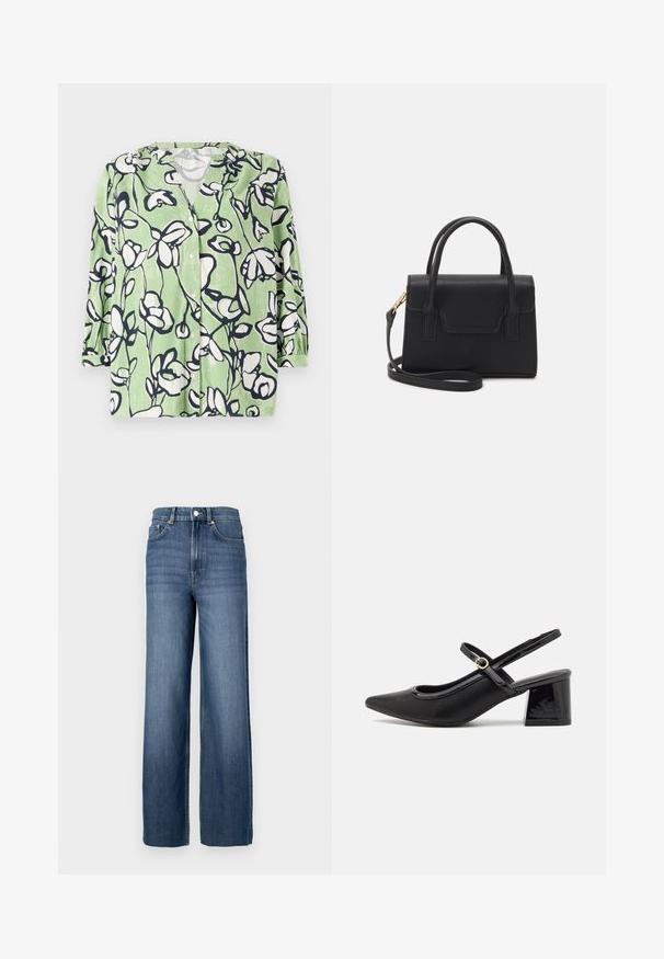 Groene overhemd met knopen, voorzien van een bloemenpatroon in wit en marineblauw. Heeft een v-halslijn en driekwart mouwen met een fijne textuur.; Blauwe denim jeans met een hoge taille en een wijde pijp. Voorzien van een klassiek vijf-pocket ontwerp en metalen knoopdetails.; Zwarte gepolijste leren slingback hakken met een spitse neus, een ronde uitsnede en een blokhak. Voorzien van een gouden gespaccent.; Zwarte gestructureerde handtas van leer met een bovenhandvat, een afneembare schouderriem en een voorflapdetail. Gouden hardwareaccenten.