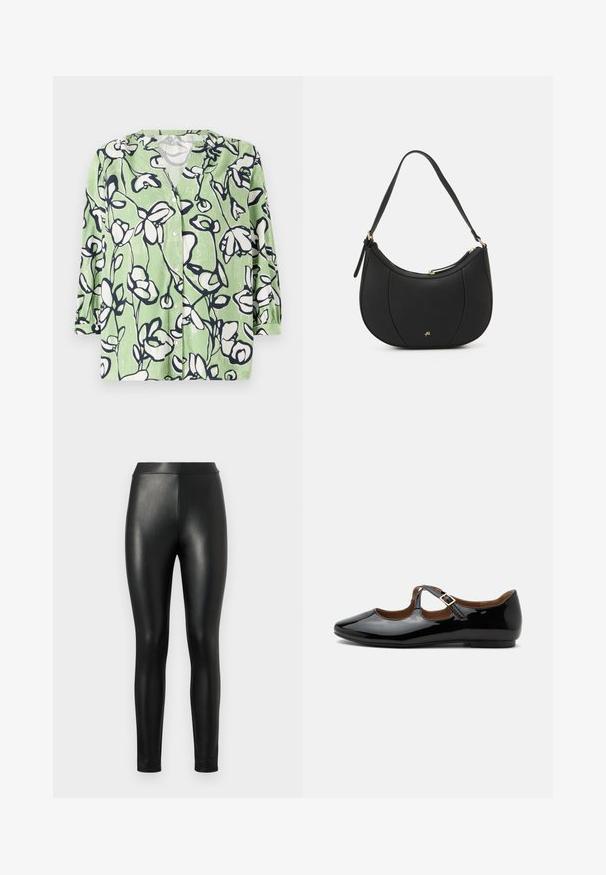 Grøn skjorte med knaplukning, der har et blomsterprint i hvidt og marineblåt. Har en v-hals og trekvartærmer med en glat tekstur.; Sorte faux læder leggings med en glat tekstur, høj talje og tætsiddende pasform, designet til en strømlinet silhuet.; Sort laklæder Mary Jane-flad sko med to udskæringer og en guldbuckelrem på hvid baggrund.; Sort læderhåndtaske med en buet form, struktureret overflade, forreste syninger og et logo i guldfarve. Har en enkelt justerbar rem.