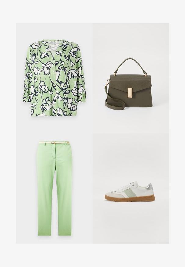 Camisa verde de botones con un patrón floral en blanco y azul marino. Tiene un escote en V y mangas tres cuartos con una textura suave.; Pantalones de algodón verde claro con un corte recto, que cuentan con un cinturón tejido beige, un bolsillo delantero y sin patrones visibles ni embellishments.; TOM TAILOR Zapatillas - white/mint; Pequeño bolso de mano verde oliva con un diseño estructurado, que cuenta con un asa superior, una correa de hombro desmontable y un cierre frontal en tono dorado.