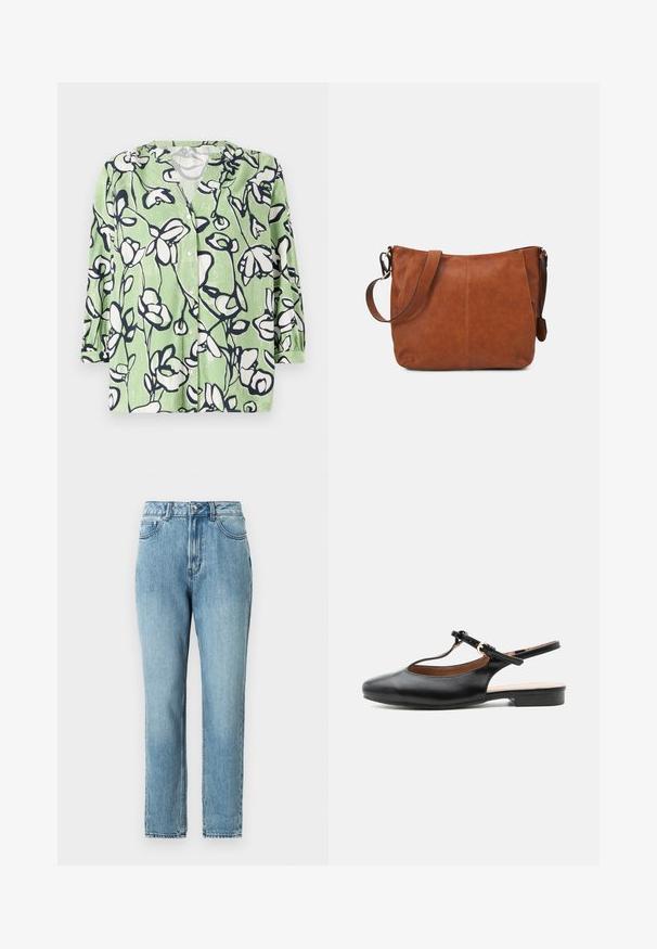 Chemise verte à boutons, ornée d'un motif floral blanc et bleu marine. Dotée d'un décolleté en V et de manches trois-quarts avec une texture lisse.; TOM TAILOR DENIM Jean Mom - clean mid stone blue denim; Chaussure plate slingback en cuir noir avec bride en T et boucle dorée sur fond neutre.; Sacoche en cuir brun avec une forme incurvée, une sangle ajustable et des détails de couture minimaux, offrant un intérieur spacieux.