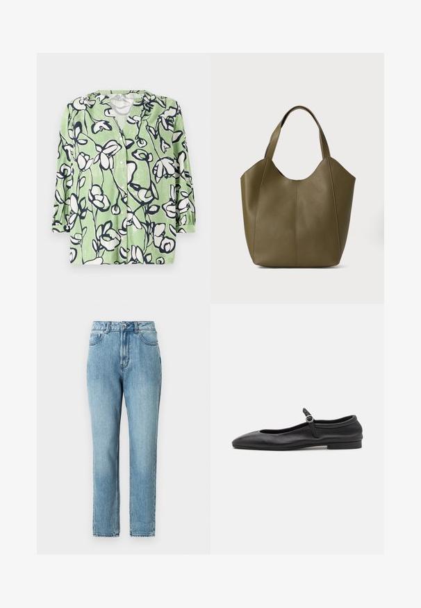 Grüne Hemdbluse mit floralem Muster in Weiß und Marineblau. Hat einen V-Ausschnitt und Dreiviertelärmel mit glatter Textur.; TOM TAILOR DENIM Mom Jeans - clean mid stone blue denim; Schwarze Leder-Ballettschuhe mit einer abgerundeten Zehe, schmalem Vorderblatt und einem kleinen Knöchelriemen mit einer runden Schnalle. Niedrige, flache Sohle.; Olivgrüne Leder-Tasche mit doppelten Trägern, glatter Textur und vierteiliger Gestaltung. Verstärkte Nähte entlang der Nähte für Langlebigkeit.