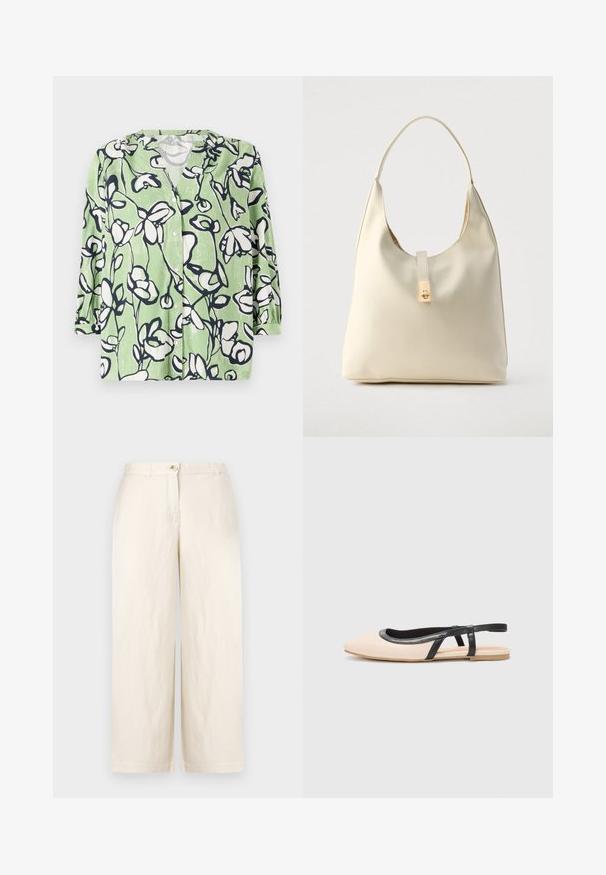 Chemise verte à boutons, ornée d'un motif floral blanc et bleu marine. Dotée d'un décolleté en V et de manches trois-quarts avec une texture lisse.; Pantalons larges beiges en tissu léger, dotés d'une fermeture à bouton, de passants de ceinture et d'ourlets nets. Texture douce et design minimaliste.; Chaussures plates à brides avec un dessus nude, bordures en cuir noir et un petit talon. Présentent des côtés ouverts et un design à bout arrondi.; Sac hobo en cuir couleur crème avec une seule bandoulière, texture lisse et un détail de fermoir doré à l'avant.
