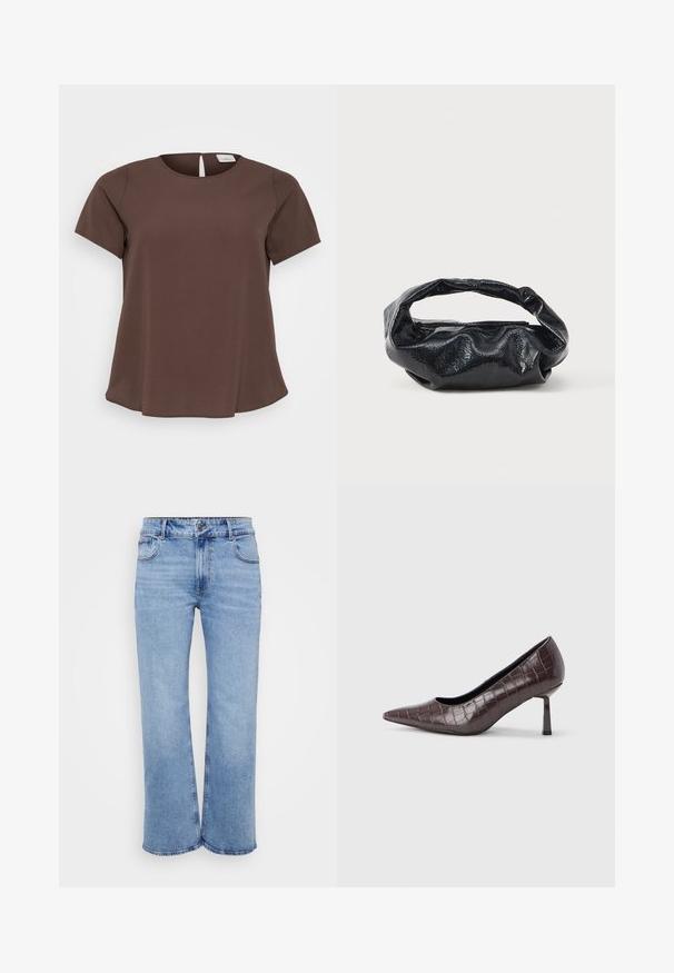 Bruine top met korte mouwen en een ronde halslijn, met een kleine uitsnede aan de achterkant. Gemaakt van zacht materiaal met een licht uitlopende zoom.; Lichtblauwe wijde jeans gemaakt van denim, met vijf zakken, een rits aan de voorkant en een knoopsluiting. Subtiele stikdetails langs de naden.; Bruine nepleren pumps met een puntige neus en krokodillenstructuur, voorzien van een slanke, hoekige hak en een gladde binnenvoering.; Zwarte tas van glanzend, textuur materiaal met een ronde, gedraaide handgreep en een ritsluiting. Heeft een zacht, gekreukt ontwerp.