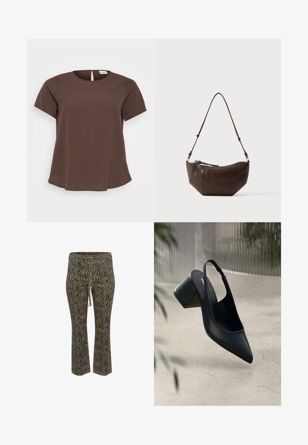 Brun kortærmet top med rund halsudskæring og en lille udsparing i ryggen. Lavet af blødt stof med en let udvidet kant.; Buks med elastisk talje og snøre i khaki og beige zebra mønster. Mellemhøj talje, flared ben design, blød tekstur. Velegnet til afslappet brug.; Sort læder slingback hæl med spids tå og blokhæl. Glat tekstur, minimalistisk design og justerbar ankelrem.; Brun læder skuldertaske med buet bund og justerbar rem mod en ensfarvet lys baggrund.