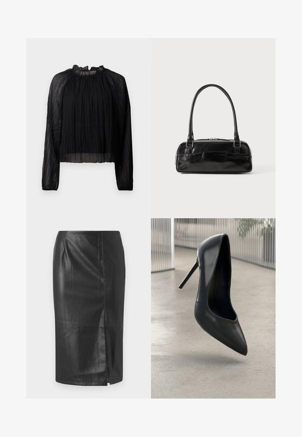 Blusa negra plisada con mangas largas, cuello alto con volantes y tejido transparente. Presenta una textura suave y una silueta holgada y fluida.; Falda lápiz de cuero negro con un diseño elegante, que cuenta con una abertura lateral y una textura suave, adecuada para uso formal o casual.; Zapato de tacón alto de cuero negro con punta afilada, diseño elegante y sin herrajes visibles. Textura suave y estilo minimalista.; Bolso de mano de cuero negro con forma rectangular, equipado con un asa estructurada, herrajes en plata y cierre de cremallera. Textura suave.