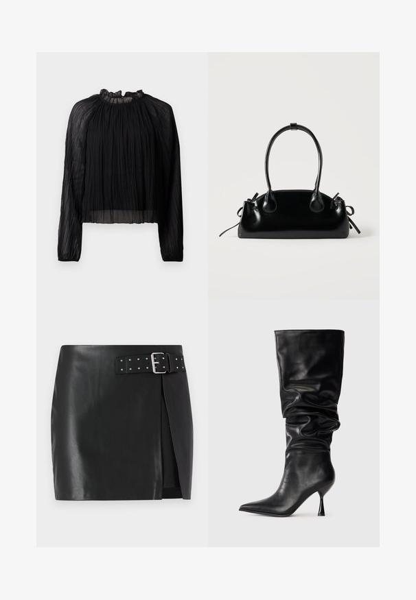 Blouse noire plissée avec des manches longues, un col haut à volants et un tissu transparent. Caractérisée par une texture douce et une silhouette ample et fluide.; Mini-jupe en simili cuir noir avec une ceinture réglable comportant une boucle en argent et des clous décoratifs, design à enroulement avant et texture lisse.; Botte noire en cuir, hauteur genou, avec un design ample, bout pointu et talon aiguille fin, présentant une texture lisse et des accents minimaux.; Petit sac à main noir brillant avec deux longues anses et des détails à cordon sur les côtés sur un fond clair uni.