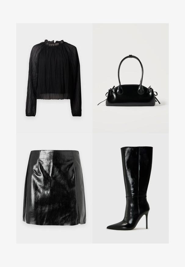 Blouse noire plissée avec des manches longues, un col haut à volants et un tissu transparent. Caractérisée par une texture douce et une silhouette ample et fluide.; Mini jupe en simili cuir noir brillant avec des détails de couture subtils et une légère fente avant sur fond blanc.; Bottes noires en cuir, hautes jusqu'au genou, avec un bout pointu et un talon aiguille haut. Texture lisse et design épuré, avec un minimum de détails.; Petit sac à main noir brillant avec deux longues anses et des détails à cordon sur les côtés sur un fond clair uni.