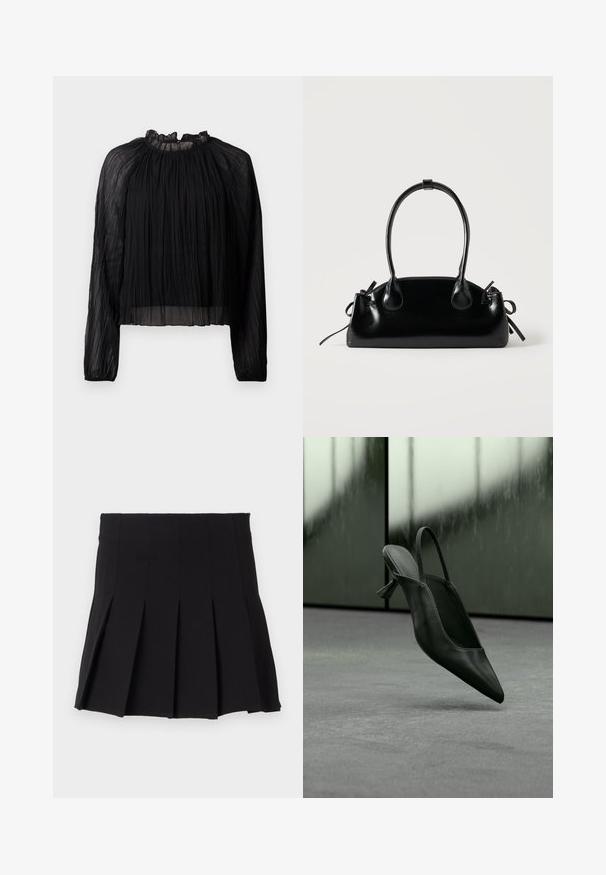 Schwarze plissierte Bluse mit langen Ärmeln, hohem Rüschenkragen und durchsichtigen Stoff. Besitzt eine weiche Textur und eine lockere, fließende Silhouette.; Schwarzer gefalteter Rock mit einem taillierten Bund, aus einem glatten Stoff gefertigt. Verfügt über mehrere vertikale Falten für eine strukturierte Silhouette.; Schwarzer Slingback-Highheel aus Leder mit spitzer Schuhspitze, schwebt über grauem Teppichboden, unscharfer grünlicher Wandhintergrund.; Kleine schwarze glänzende Handtasche mit zwei langen Griffen und seitlichen Kordelzug-Details vor einfachem hellem Hintergrund.