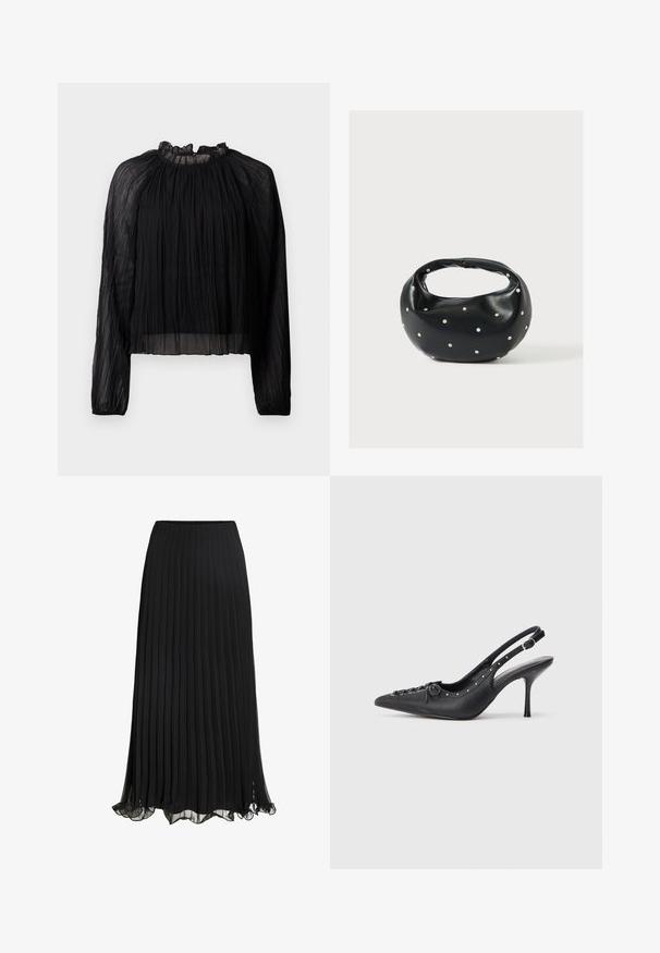 Schwarze plissierte Bluse mit langen Ärmeln, hohem Rüschenkragen und durchsichtigen Stoff. Besitzt eine weiche Textur und eine lockere, fließende Silhouette.; Schwarze, plissierte Maxiröcke aus leichtem Stoff mit fließendem Design. Mit einem Rüschensaum und einem elastischen Taillenbund für mehr Komfort.; Schwarzer Leder-Slingback-Stiletto mit spitzem Zehenaufsatz, seitlichem Schnallenriemen, Nieten entlang der Kante und dekorativer Schnürung vorne.; Schwarze Lederhandtasche mit abgerundeter Form, verziert mit silbernen Nietenakzenten und kurzem Griff. Glatte Struktur und Reißverschlussverschluss.