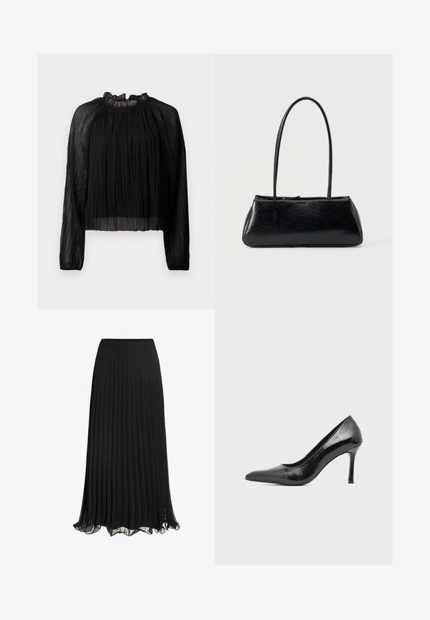Blusa negra plisada con mangas largas, cuello alto con volantes y tejido transparente. Presenta una textura suave y una silueta holgada y fluida.; Falda maxi plisada negra hecha de un tejido liviano con un diseño fluido. Cuenta con un dobladillo con volantes y una cinturilla elástica para mayor comodidad.; Zapato de tacón alto de mujer en piel negra patentada, con punta puntiaguda y tacón delgado, sobre un fondo claro y liso.; Bolso de hombro rectangular negro con correas largas y delgadas y una textura lisa y brillante sobre un fondo liso.