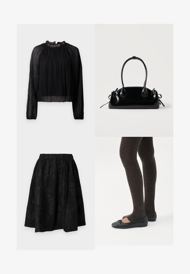 Blusa negra plisada con mangas largas, cuello alto con volantes y tejido transparente. Presenta una textura suave y una silueta holgada y fluida.; Falda negra con cintura elástica, con patrones florales texturizados. La tela parece ligera y ligeramente arrugada.; Piernas con leggings oscuros acanalados combinados con bailarinas negras que presentan pequeños detalles de lazo sobre un fondo blanco.; Pequeño bolso negro brillante con dos asas largas y detalles de cordón lateral sobre un fondo claro liso.