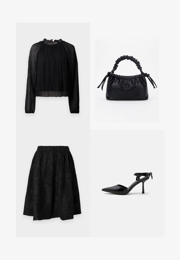 Blusa negra plisada con mangas largas, cuello alto con volantes y tejido transparente. Presenta una textura suave y una silueta holgada y fluida.; Falda negra con cintura elástica, con patrones florales texturizados. La tela parece ligera y ligeramente arrugada.; Zapato de tacón alto de cuero charol negro con punta puntiaguda y correa en el tobillo atada en un nudo en la parte trasera, mostrado sobre un fondo blanco liso.; Bolso negro con textura de cocodrilo, borde superior fruncido, asa recogida y cordones con borlas en cada lado sobre un fondo blanco.