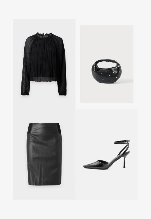Blouse noire plissée avec des manches longues, un col haut à volants et un tissu transparent. Caractérisée par une texture douce et une silhouette ample et fluide.; Jupe crayon en cuir noir avec une coupe ajustée, texture lisse et accents de ceinture élastique de chaque côté. Ourlet plat en bas.; Escarpin noir à bout pointu avec fines brides de cheville et fermeture à boucle argentée sur fond clair uni.; Sac à main en cuir noir de forme arrondie, décoré de clous argentés et équipé d'une poignée courte. Texture lisse et fermeture éclair.
