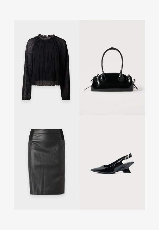 Blusa negra plisada con mangas largas, cuello alto con volantes y tejido transparente. Presenta una textura suave y una silueta holgada y fluida.; falda lápiz de cuero negro con un diseño ajustado, textura suave y acentos de cintura elástica a ambos lados. Dobladillo recto en la parte inferior.; Zapato slingback de cuero charol negro con puntera puntiaguda y tacón bajo en bloque inclinado sobre fondo claro liso.; Pequeño bolso negro brillante con dos asas largas y detalles de cordón lateral sobre un fondo claro liso.