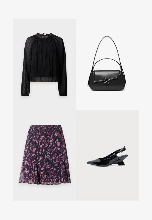 Schwarze plissierte Bluse mit langen Ärmeln, hohem Rüschenkragen und durchsichtigen Stoff. Besitzt eine weiche Textur und eine lockere, fließende Silhouette.; Marinefarbene Rock mit elastischem Bund, der ein pink-lila abstraktes Blumenmuster und einen leicht ausgestellt geschnittenen Saum aufweist.; Schwarzer Slingback-Schuh aus Lackleder mit spitzer Spitze und niedrigem, schrägem Blockabsatz auf einfachem hellem Hintergrund.; Schwarze Lederschultertasche mit einer geschwungenen Klappe, die durch einen runden Metallverschluss gesichert ist, und einem schlanken, verstellbaren Riemen.