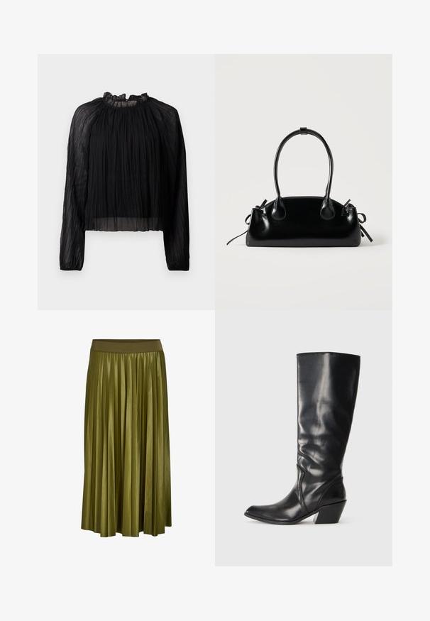 Blusa negra plisada con mangas largas, cuello alto con volantes y tejido transparente. Presenta una textura suave y una silueta holgada y fluida.; Falda midi plisada verde caqui con cintura elástica ancha y textura de tela suave.; Bota de cuero negra hasta la rodilla con punta afilada, tacón angular y textura suave. Presenta un sutil acento de costura a lo largo del costado.; Pequeño bolso negro brillante con dos asas largas y detalles de cordón lateral sobre un fondo claro liso.