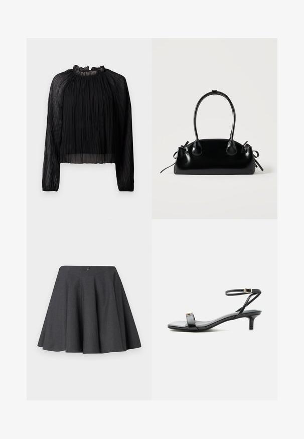Blouse noire plissée avec des manches longues, un col haut à volants et un tissu transparent. Caractérisée par une texture douce et une silhouette ample et fluide.; Jupe grise évasée en tissu texturé. Caractérisée par une taille mi-haute et de subtils plis, avec une fermeture éclair dissimulée à l'arrière.; Sandale noire en cuir à bout ouvert avec petit talon kitten, fine bride de cheville avec boucle dorée et accent décoratif doré sur la bride avant.; Petit sac à main noir brillant avec deux longues anses et des détails à cordon sur les côtés sur un fond clair uni.