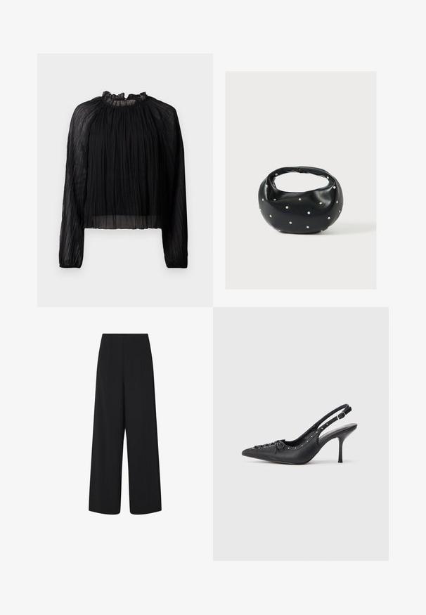 Blusa negra plisada con mangas largas, cuello alto con volantes y tejido transparente. Presenta una textura suave y una silueta holgada y fluida.; Pantalones negros de pierna ancha y recortados con una cintura alta y bolsillos laterales, que presentan detalles de costura vertical sutil.; Sandal de tacón stiletto negro de cuero con punta afilada, correa lateral con hebilla, tachuelas a lo largo del borde y cordones decorativos en la parte delantera.; Bolso de mano de cuero negro con forma redondeada, decorado con detalles de tachuelas plateadas y un asa corta. Textura lisa y cierre con cremallera.