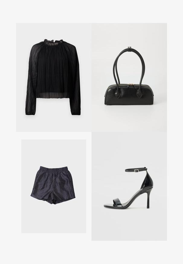Blouse noire plissée avec des manches longues, un col haut à volants et un tissu transparent. Caractérisée par une texture douce et une silhouette ample et fluide.; Shorts en satin bleu marine avec taille élastique et petits pois blancs. Coupe décontractée et texture lisse.; Sandale à talon haut en cuir verni noir avec un bout ouvert, une seule lanière à l'avant et une lanière de cheville ajustable.; Sac à main en cuir noir avec deux anses allongées, fermeture éclair et forme arrondie ; texture lisse avec une finition légèrement brillante.