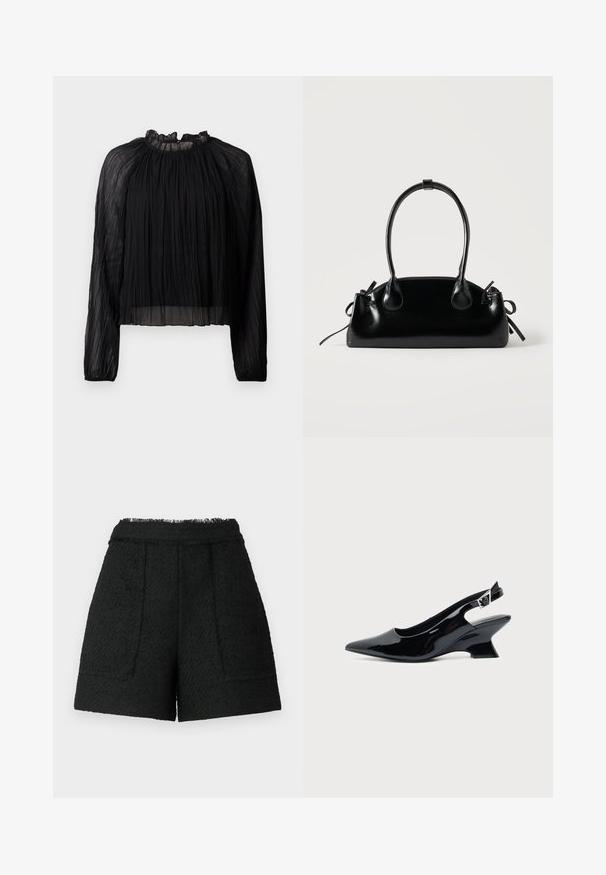 Blusa negra plisada con mangas largas, cuello alto con volantes y tejido transparente. Presenta una textura suave y una silueta holgada y fluida.; Pantalones cortos negros de tela texturizada con un dobladillo deshilachado, que cuentan con dos bolsillos frontales y un ajuste entallado.; Zapato slingback de cuero charol negro con puntera puntiaguda y tacón bajo en bloque inclinado sobre fondo claro liso.; Pequeño bolso negro brillante con dos asas largas y detalles de cordón lateral sobre un fondo claro liso.