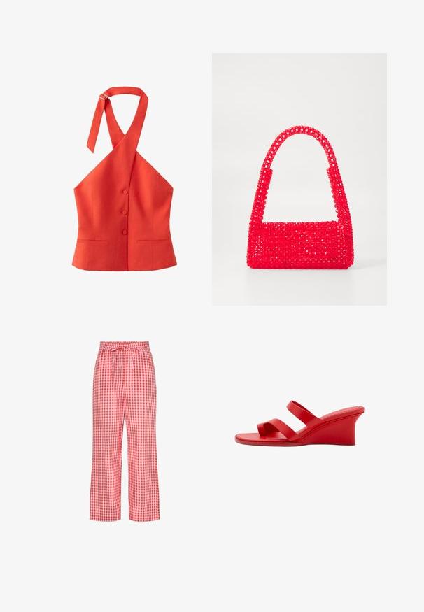 Haut rouge sans manches à col halter avec trois boutons sur le devant et un lien de cou réglable, avec deux petites poches avant.; Pantalon ample à carreaux vichy rouge et blanc avec taille élastique et cordon, longueur totale, coupe droite.; Sandale compensée rouge avec deux brides, bout ouvert et talon de hauteur moyenne, vue de côté sur fond blanc.; Sac à main rouge en plastique perlé, avec une base carrée et une poignée incurvée. La surface présente une finition texturée et brillante avec un motif de perles.