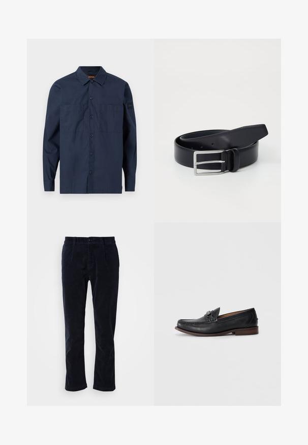Marineblauw, lange mouwen, overhemd met knopen, twee borstzakken en een kraag, met een klein "BOSS" label op de linkermouw.; Marineblauwe corduroy broeken met een platte voorkant, twee zijzakken en een enkele knoopsluiting. Zacht van textuur, licht toelopende pijpen.; Zwarte leren instappers met een ronde neus, decoratieve hardware aan de voorkant en een contrasterende bruine zool. Gladde textuur en slip-on ontwerp.; Marine leren riem met een zilveren metalen gesp, met een gladde textuur en meerdere gaatjes voor verstelbaarheid. De uiteinden lopen taps toe naar een afgeronde punt.