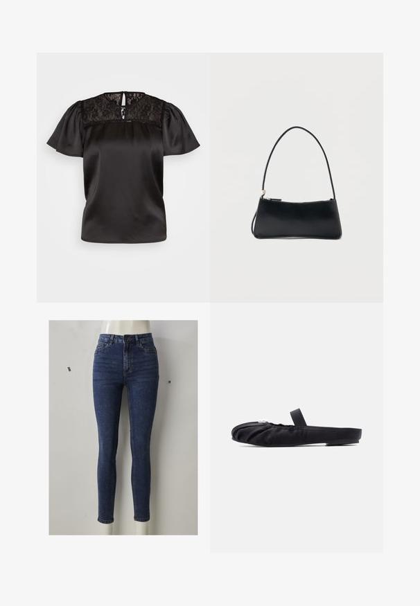 JDY JDYFIFI - T-shirts print - black; Smal jeans i mørkeblå denim, med høj talje og tætsiddende pasform, med forlommer, lynlås og diskrete slidmærker på lårene.; Sort flad mule-sko med øverste del i samlet stof og en enkelt rem over vristen, med små hvide perledekorationer nær tåen.; Sort rektangulær håndtaske med tynd skulderrem og lynlåslukning, sat mod en enkel hvid baggrund.