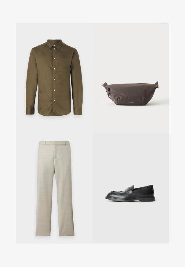 Chemise à manches longues vert olive avec col pointu et boutons blancs sur le devant.; Pantalon droit couleur beige clair avec passants pour ceinture, fermeture éclair frontale et texture subtile sur fond blanc.; Mocassins en cuir noir avec une finition texturée, dotés d'une bride décorative à l'avant et d'un bout arrondi. Semelle en caoutchouc pour plus de durabilité.; Sac banane en tissu marron foncé avec poche zippée en diagonale et petit logo blanc sur le devant, sur un fond clair uni.