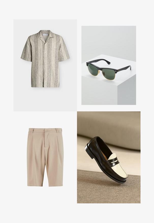 Kortærmet skjorte med knapper, beige bundfarve og tynde, lodrette sorte striber, med spredt krave og løs pasform.; Beige skræddersyede shorts med plisseringer, der har en knaplukning og klassisk design. Glat tekstur, knælængde og ingen synlige lommer.; Sort læderloafer med en cremefarvet vamp og sorte accentstriber, som har en lav hæl og detaljeret syning langs kanterne.; Ray-Ban solbriller med grønne linser, sorte plastikstel og gyldne detaljer ved kanterne. Firkantet form med mat finish.