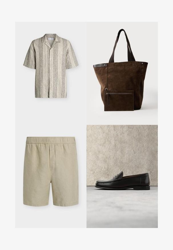 Chemise à manches courtes avec boutons, base beige et fines rayures verticales noires, avec col spread et coupe décontractée.; Short en lin beige avec taille élastique, coupe droite, sans poches visibles ni ornements.; Mocassin penny en cuir noir avec talon bas, bout arrondi et détails cousus à l'avant et sur les côtés, présenté sur un fond neutre.; Sac cabas en daim marron foncé avec des poignées noires et une pochette rectangulaire zippée assortie fixée à l'avant.