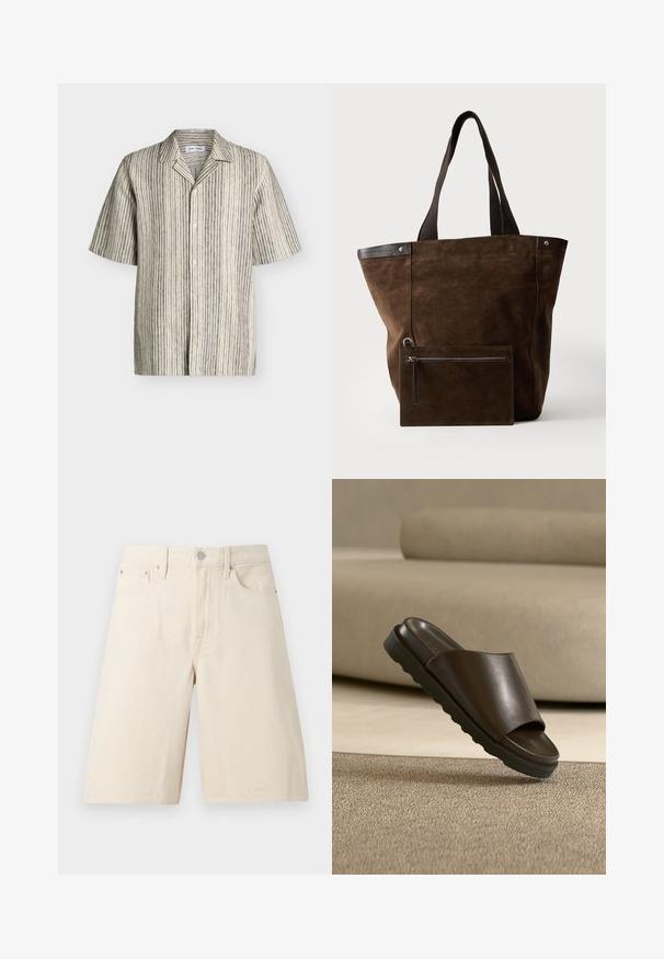 Chemise à manches courtes avec boutons, base beige et fines rayures verticales noires, avec col spread et coupe décontractée.; Short en jean écru mi-longueur avec bouton avant, fermeture éclair, passants pour ceinture et design à cinq poches sur fond blanc.; Sandale slide en cuir marron foncé avec une semelle épaisse sur un tapis beige devant un canapé beige courbé.; Sac cabas en daim marron foncé avec des poignées noires et une pochette rectangulaire zippée assortie fixée à l'avant.