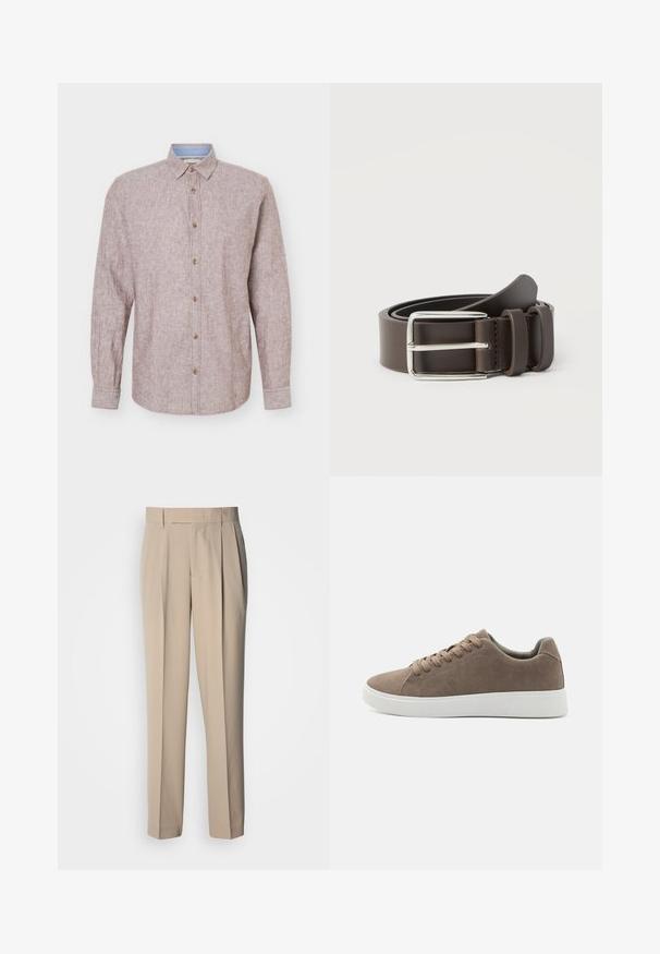 Camisa beige de manga larga con botones, cuello clásico y botones marrones, mostrada sobre un fondo liso y claro.; Pantalones beige de talle alto con pliegues y corte recto, con una textura suave y sin adornos ni estampados visibles.; Zapatillas de ante marrón con suelas de goma blanca planas, diseño de cordones, punta redondeada y una textura suave. Estilo minimalista con sutiles detalles de costura.; Cinturón de cuero marrón con una hebilla de metal plateado, con una textura suave y un diseño sencillo. Incluye una trabilla para ajuste y cierre.