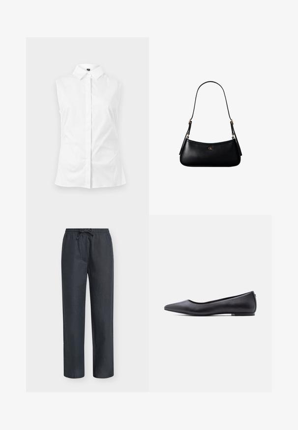 Chemise blanche sans manches à boutons, col pointu, tissu lisse et silhouette épurée et ajustée.; Pantalon droit noir avec taille élastique et cordon de serrage, coupe décontractée et texture subtile.; Chaussure plate en cuir noire à bout pointu avec petit talon, vue de profil sur fond blanc.; Mini sac à bandoulière en cuir noir avec une fine bandoulière et un petit logo CK doré au centre avant.