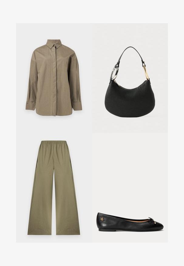 Oversized langærmet beige skjorte med spids krave, skjulte knapper foran og rynkede manchetter.; Bredbenede olivengrønne bukser med elastisk talje, glat front og uden synlige lommer, vist på hvid baggrund.; Sort læder balletflad sko med lille sløjfe og gyldent logodetalje ved hælen, flad sål og rundet tå.; Sort læderhåndtaske med en tekstureret overflade. Har en buet form, lynlås lukning og tofarvet metalhardware på remmen.