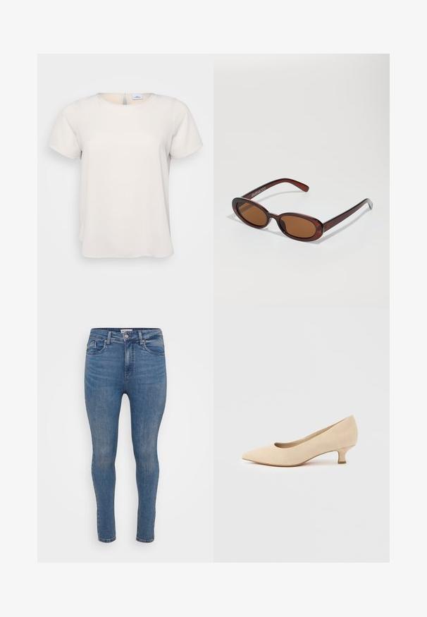 Lyhyet hihat, pyöreä kaula-aukko vaaleabeigeissä kankaissa, joissa on sileä rakenne; mukana avainreikäyksitys takana ja rento istuvuus.; Kapeita farkut keskipitkä sinisessä denim-kankaassa, jossa on sileä rakenne, viisi taskua ja vetoketjukiinnitys. Ominaisuuksiin kuuluu hienovaraista kulumista ja sävyänävää ompelua.; Beige mokkanahkainen korkokenkä, jossa on terävä kärki ja matala kissankorvakenkäkorko. Sileä rakenne, siisti siluetti ja pyöreä leikkaus edessä.; Pyöreät, ruskehtavat aurinkolasit, joissa on kiiltävä burgundinpunainen runko. Kapeat sivut, joissa on hienovarainen brändäys. Litteät linssit.