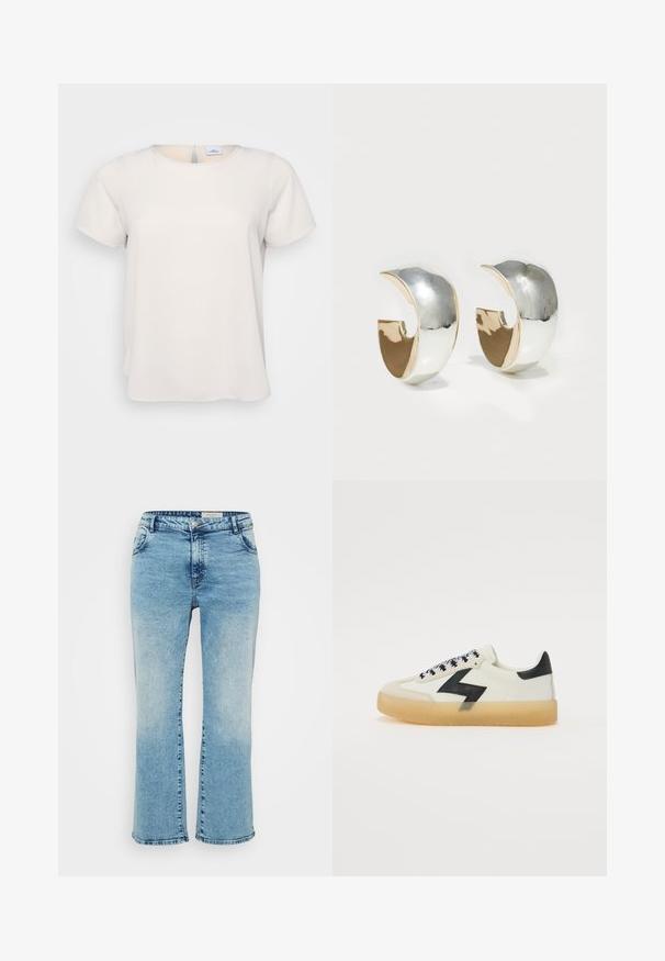 Camiseta de manga corta y cuello redondo en tejido beige claro con una textura suave; presenta un detalle de abertura en la parte posterior y un corte relajado.; Vaqueros de mezclilla azul claro con corte recto, que cuentan con un cierre de botón, cinco bolsillos y un ligero desgaste en las rodillas.; Zapatillas con una parte superior de cuero blanco cremoso, acento de rayo negro, cordones negros con estampado y una suela de goma semitranslúcida.; Uncommon Matters SCULPTED CREOLE - Pendientes - silver-coloured/gold-coloured