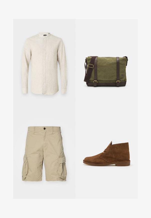 Camisa de manga larga de color beige claro, hecha de lino, con un cuello tipo banda, cierre de botones y una apariencia texturada y ligeramente arrugada.; Pantalones cortos de carga beige, fabricados en tejido de algodón, con bolsillos laterales, cierre de botón y un diseño de corte recto. Textura suave.; Botas de ante marrón hasta el tobillo con punta redondeada, costuras mínimas, una lengüeta corta y suela de goma para tracción.; Bolso mensajero de tela verde con detalles de cuero marrón, tapa frontal, correa ajustable y cierre con cremallera en la parte superior. Presenta herrajes dorados.