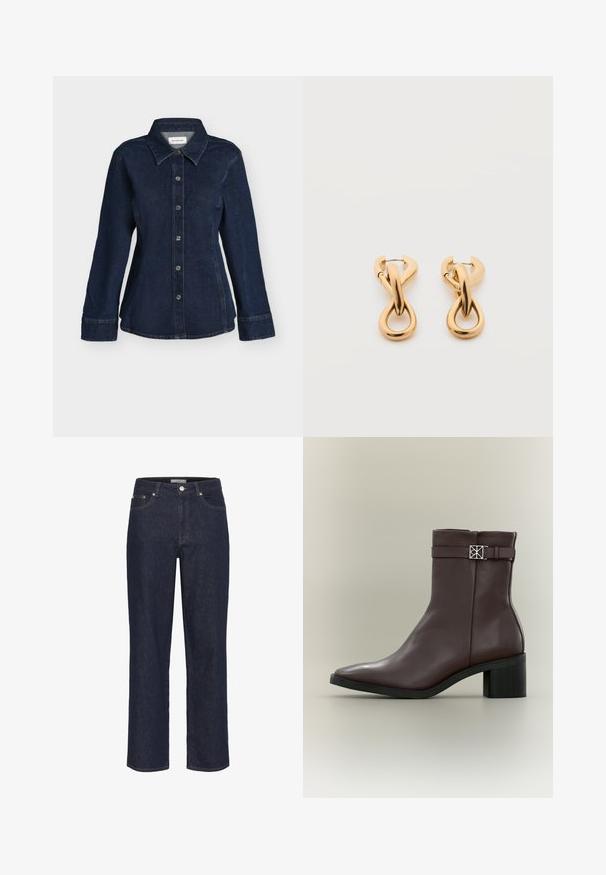 Mørkeblå denimskjorte med lange ærmer, knaplukning foran, spids krave og figurformet taljedetalje på hvid baggrund.; Gestuz SUMMER WIDE - Wide leg - unwashed denim; Mørkebrun lærestøvle med blokhæl, spids snude og dekorativ rem med sølv firkantet spænde på neutral baggrund.; Par af skinnende guldfarvede hoop-øreringe med snoet, flettet design på en enkel hvid baggrund.