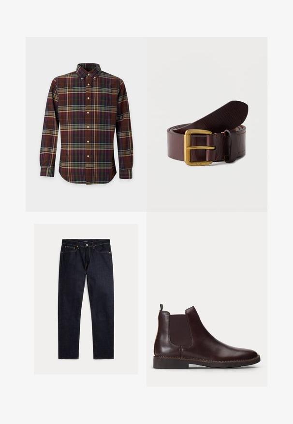Overhemd met lange mouwen met knopen in bruin, groen, paars en beige ruitpatroon, met een button-down kraag en een borstzak.; Donker indigoblauwe rechte jeans met vijf zakken, knoop- en ritsluiting en contrasterende oranje stiksels op een effen achtergrond.; Donkerbruine leren Chelsea-boot met elastisch zijpaneel en lage hak, weergegeven in profiel op een witte achtergrond.; Donkerbruine leren riem opgerold met een messing gesp waarop het woord Polo is gegraveerd, tegen een effen witte achtergrond.