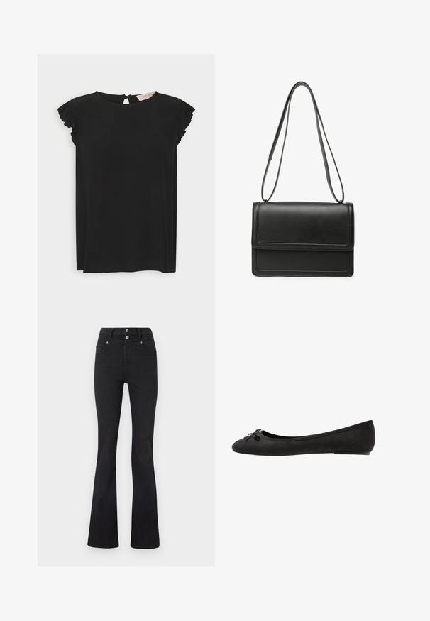 ONLY ONLKAJSA FRILL - T-shirts print - BLACK; Sorte højtaljede jeans med flared ben, forlommer, bæltestropper og to sølvknapper ved taljen.; Sorte ruskind ballet flats med rund tå, prydet med en dekorativ sløjfe på forsiden og flad sål. Glat tekstur og klassisk form.; Sort læder skuldertaske med struktureret design, fladt frontklap og justerbare stropper. Glat tekstur og minimalistiske syningsdetaljer.