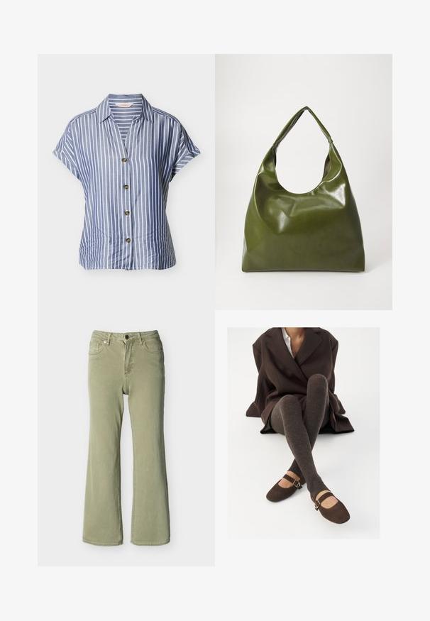Chemise à manches courtes rayée verticalement bleu et blanc, à boutons, avec col et quatre boutons marron sur le devant.; Pantalon large taille haute vert clair avec fermeture à boutons et zip à l'avant, passants pour ceinture, et poches avant et arrière.; Des chaussettes marron côtelées jusqu'aux genoux associées à des ballerines en daim marron de type Mary Jane avec une sangle décorative et une boucle, portées avec un manteau sombre.; Sac hobo en cuir vert au design décontracté, avec une poignée incurvée et une texture lisse. Ne contient aucun matériel ou accent visible.