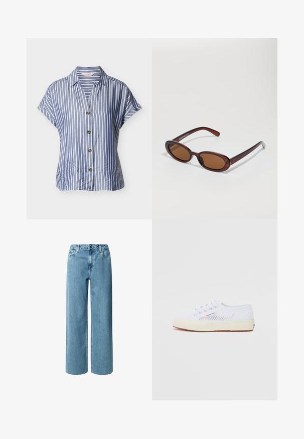 Blau-weiß gestreiftes kurzärmeliges Hemd mit Knöpfen, einem Kragen und vier braunen Knöpfen auf der Vorderseite.; Blaue Denim-Jeans mit weitem Bein und hoher Taille, ausgestattet mit Gürtelschlaufen, Reißverschluss und ausgefransten Säumen. Der Stoff hat eine weiche, glatte Textur.; Weiße Netzsneaker mit weißen Schnürsenkeln, Gummisohle und runder Zehenpartie. Mit einem Logo-Accent. Leichtgewichtiges und atmungsaktives Design.; Runde, braun getönte Sonnenbrillen mit einem glänzenden burgunderfarbenen Rahmen. Schlanke Bügel mit dezentem Branding. Flaches Linsendesign.