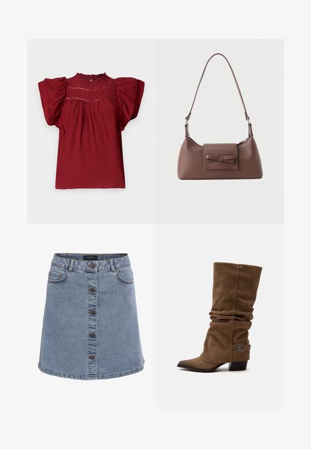 Blusa roja con mangas cortas abullonadas, pliegues con textura en el escote y un cierre de botón en la parte posterior. Tejido suave con un acabado liso.; Falda de mezclilla en azul claro con una forma acampanada, que cuenta con un cierre de botones en la parte delantera, dos bolsillos laterales y detalles de costura en contraste.; Bota marrón caída hasta la mitad de la pantorrilla con puntera puntiaguda, tacón bajo de bloque y correa decorativa con hebilla cerca del tobillo sobre un fondo blanco liso.; Bolso bandolera de cuero marrón con un bolsillo frontal de solapa que presenta un detalle de moño cosido y una correa ajustable.