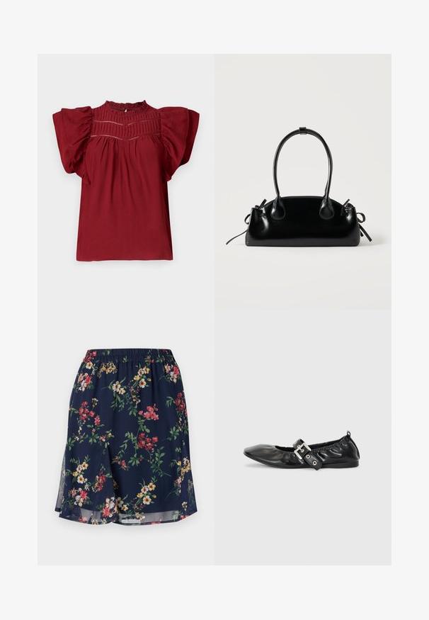 Rød bluse med korte, puffede ærmer, teksturerede plisseringer ved halsen og en knaplukning bagpå. Blødt stof med en glat overflade.; Blomsterkjole med elastisk talje, der har en marineblå baggrund pyntet med røde, gule og grønne blomstermønstre. Letvægtsstof.; Sorte læder flade sko med spids tå, samling detaljer omkring åbningen, og en sølv spænde accent på den justerbare rem.; Lille sort blank håndtaske med to lange håndtag og snøre-detaljer i siden på en ensfarvet lys baggrund.