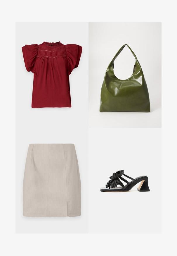 Blouse rouge avec des manches courtes et bouffantes, des plis texturés au niveau du col, et une fermeture à boutons à l'arrière. Tissu doux avec une finition lisse.; Jupe crayon beige avec une texture rayée, une coupe droite et une fente sur le côté pour plus de mouvement. Fabriquée en tissu léger.; Mule noire à bout ouvert avec des brides en cuir froncées et un talon bloc évasé sur fond blanc.; Sac hobo en cuir vert au design décontracté, avec une poignée incurvée et une texture lisse. Ne contient aucun matériel ou accent visible.