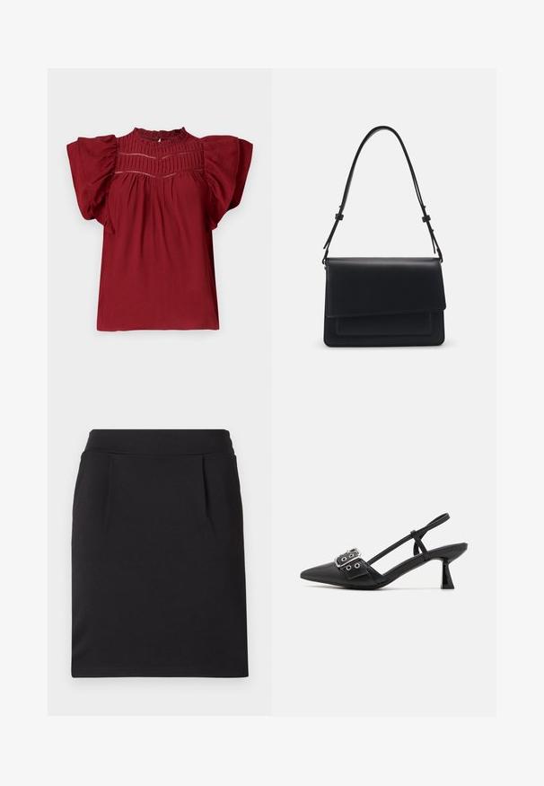 Blusa roja con mangas cortas abullonadas, pliegues con textura en el escote y un cierre de botón en la parte posterior. Tejido suave con un acabado liso.; Falda lápiz negra hasta la rodilla con una cinturilla amplia y sutiles pinzas frontales, hecha de tela suave.; Simmi London DALA - Tacones - black; Pieces PCNIBINA HARMONICA CROSS BODY - Bandolera - black