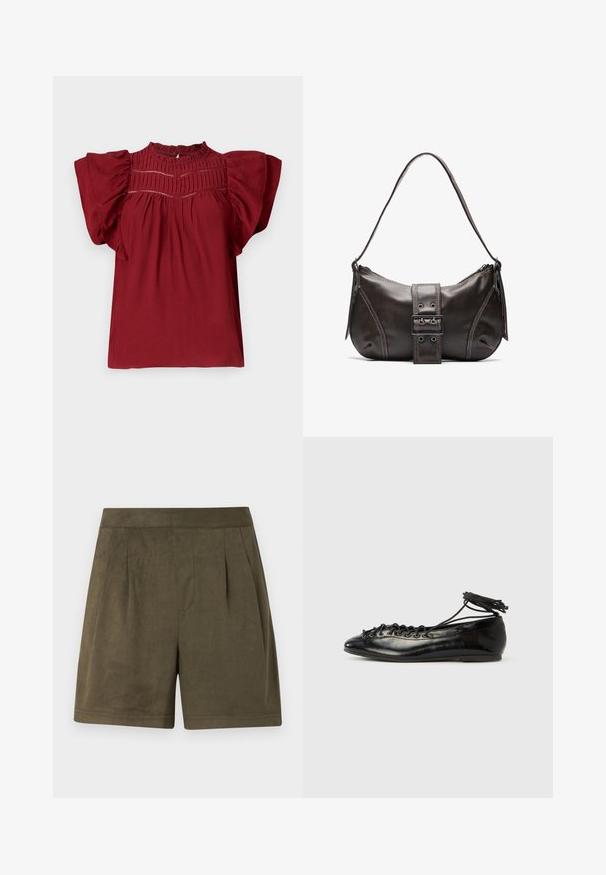Blusa roja con mangas cortas abullonadas, pliegues con textura en el escote y un cierre de botón en la parte posterior. Tejido suave con un acabado liso.; Pantalones cortos de un verde oliva oscuro hechos de un material suave, similar al ante, con un diseño plisado, corte a media longitud y una cinturilla limpia y estructurada.; Zapatos planos tipo ballet de charol negro con punta redondeada, diseño con cordones y suela plana. Textura lisa con detalles mínimos.; Bolso de hombro de cuero marrón con forma curva, que presenta un prominente detalle de hebilla, costuras en contraste y una sola correa para el hombro.