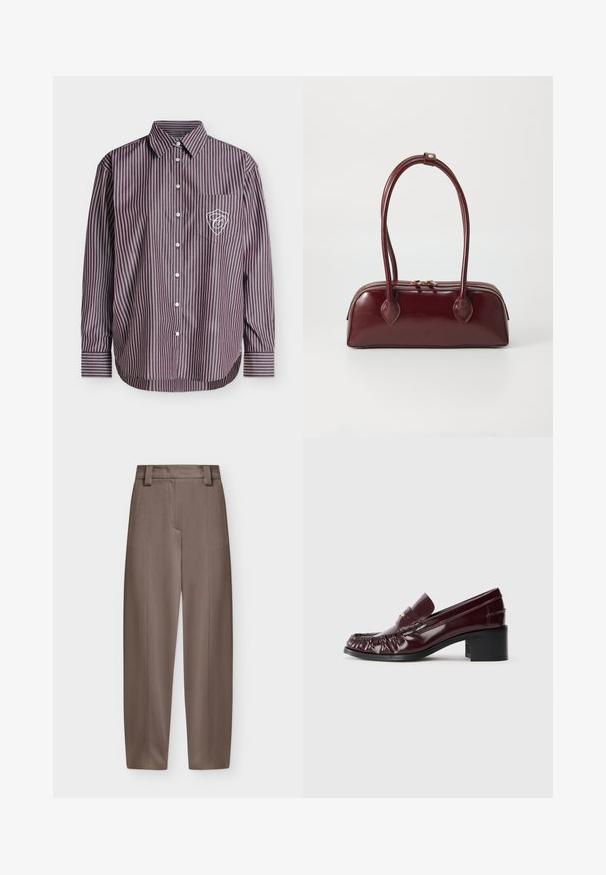 Chemise à manches longues boutonnée avec des rayures verticales blanches et rouge foncé et un petit logo blanc brodé sur la poche poitrine gauche.; Pantalon marron taille haute à jambes droites avec passants pour ceinture et plis marqués nets à l'avant et à l'arrière.; Mocassin en cuir bordeaux avec un bout arrondi, texture plissée à l'avant et un petit talon carré noir. Accent doré sur le dessus.; Sac à main en cuir bordeaux avec une forme courbée, deux poignées, fermeture éclair et détails de couture subtils. Fini lisse et brillant.