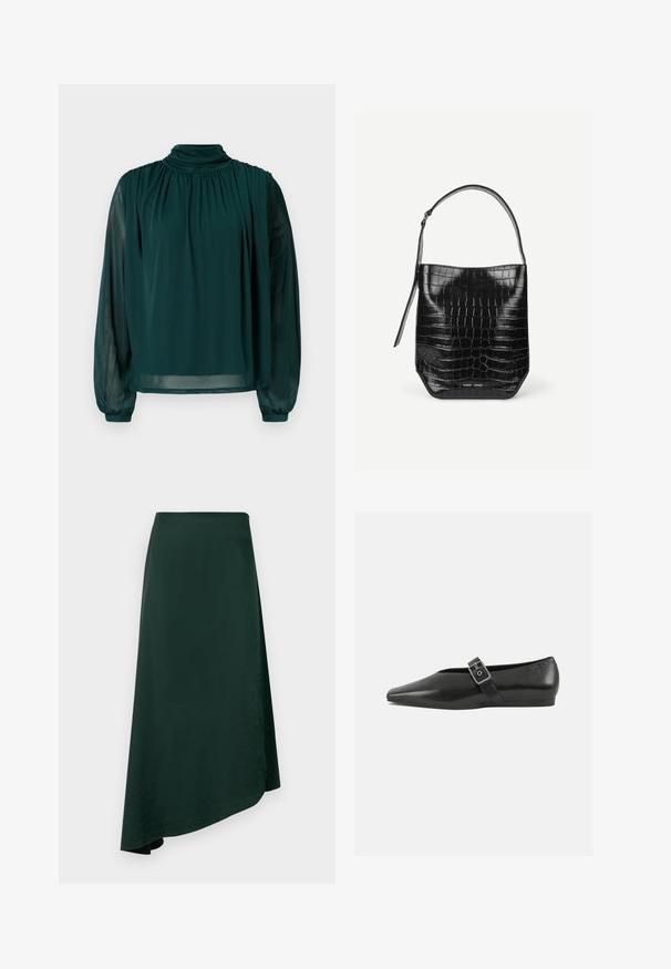 Grüne Bluse mit hohem Kragen, langen halbtransparenten Ärmeln, Falten an der Front und lockerer Passform. Hergestellt aus leichtem Stoff für einen fließenden Look.; Dunkelgrüner Wickelrock aus glattem Stoff, mit asymmetrischem Saum und einem nahtlosen Bund für ein sauberes Design.; Schwarze Lederflachschuhe mit spitzem Zehenbereich, ausgestattet mit einem metallischen Riemen über dem Spann und einer niedrigen, flexiblen Sohle.; Schwarze Beuteltasche aus krokodilhautgeprägtem Leder mit einem einzelnen Schulterriemen und kleinem silbernen Markenlogo vorne unten in der Mitte.