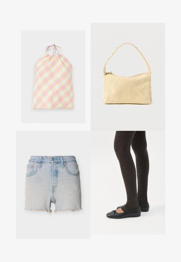 Φόρεμα με παστέλ καρό σχέδιο, halter neck, με ροζ, κίτρινες, μπλε και λευκές διαγώνιες ρίγες και λεπτές υφασμάτινες κορδέλες στον λαιμό.; Φωτεινά γαλάζια τζιν σορτς με ξέφτια στο τελείωμα, εμπρόσθιο κουμπί, φερμουάρ και σχεδιασμό με πέντε τσέπες.; Πόδια με σκουρόχρωμα ριμπ κολάν συνδυασμένα με μαύρα μπαλαρίνα παπούτσια με μικρές λεπτομέρειες φιόγκων σε λευκό φόντο.; Μικρή μπεζ δερμάτινη τσάντα χειρός με έναν ιμάντα και ασημένιες τρουκ κατά μήκος των άκρων και του ιμάντα, τοποθετημένη πάνω σε απολύτως ουδέτερο φόντο.